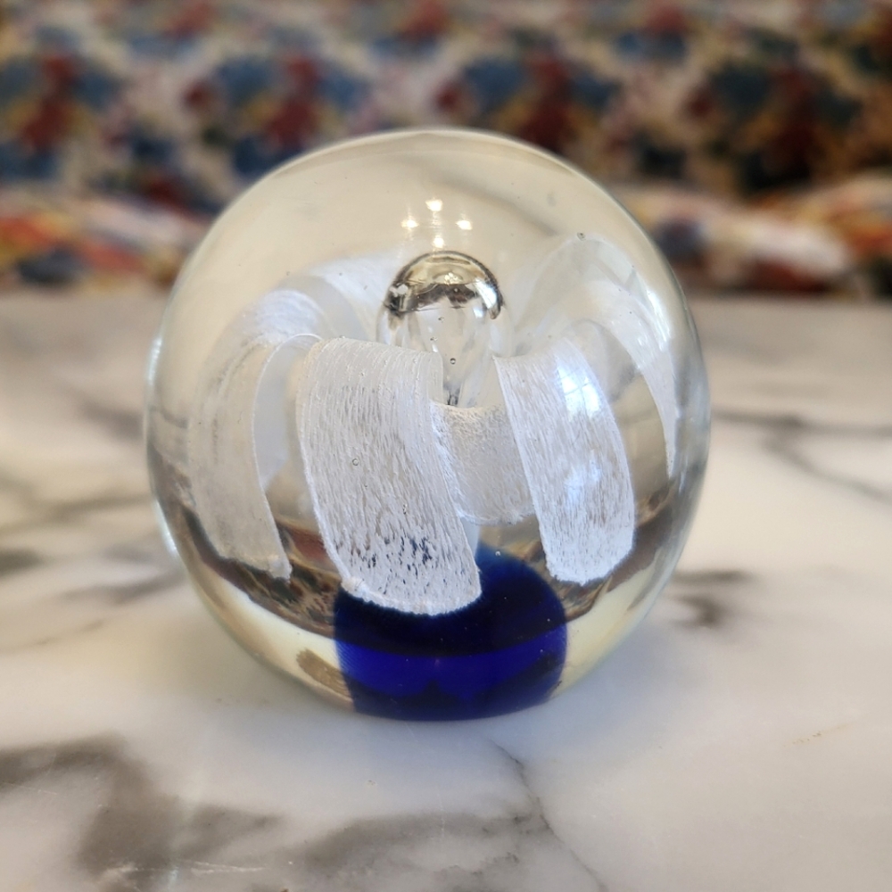 Vintage Art Glass Cobalt Blue w/White Flower & Controlled Bubble Paperweight